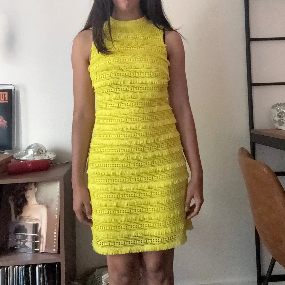 J.Crew Neon Yellow Fringe Lace High Neck Sleeveless Sheath Dress Size 4